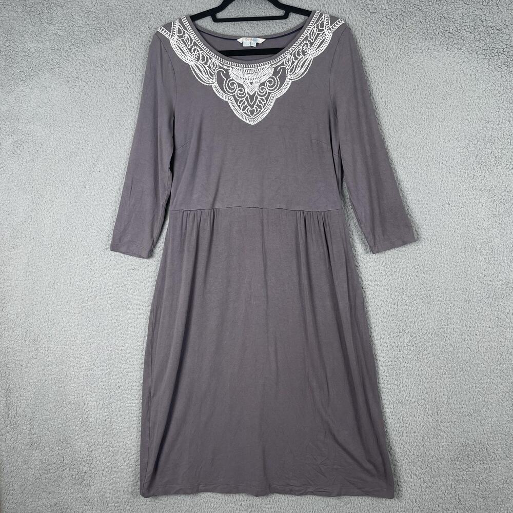 Boden Dress Womens 10 L Gray Embroidered Trim Boho Stretch 3/4 Sleeve Midi